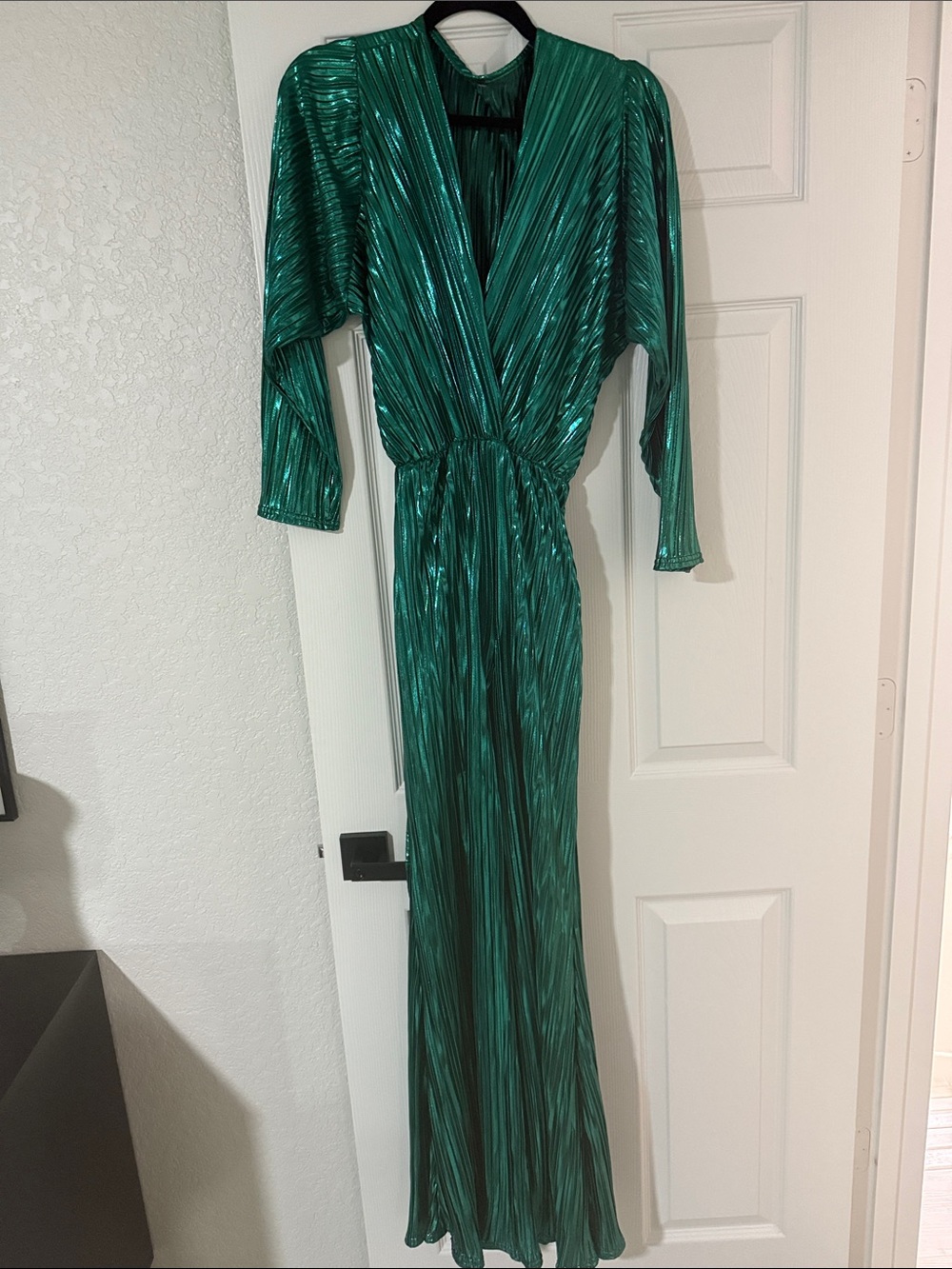 Emerald Green Metallic Pleated Wide Leg Jumpsuit